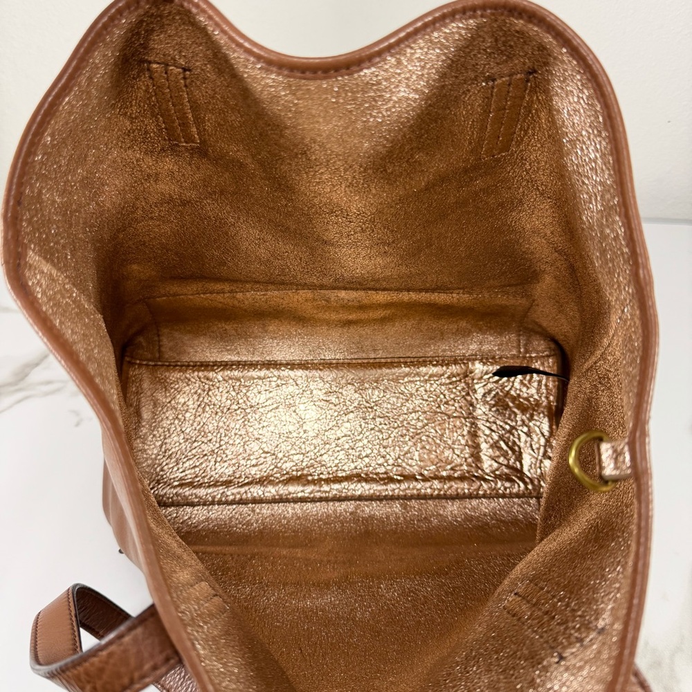 Fossil Reversible Slouchy Brown Tan Leather Metallic Rose Gold Handbag Tote Bag - Picture 7 of 16